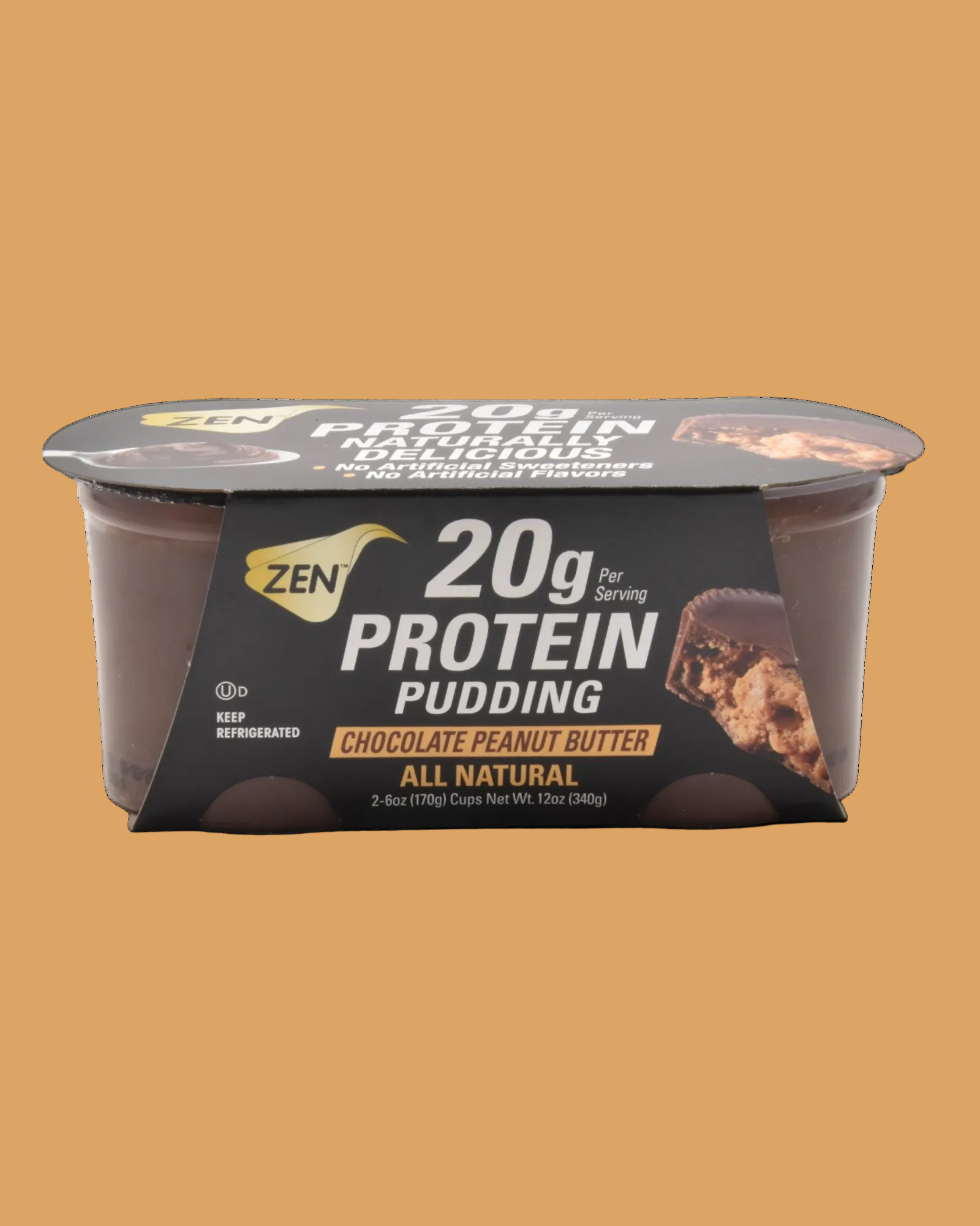 Angled view of Zen Chocolate Peanut Butter Protein Pudding high-protein dessert