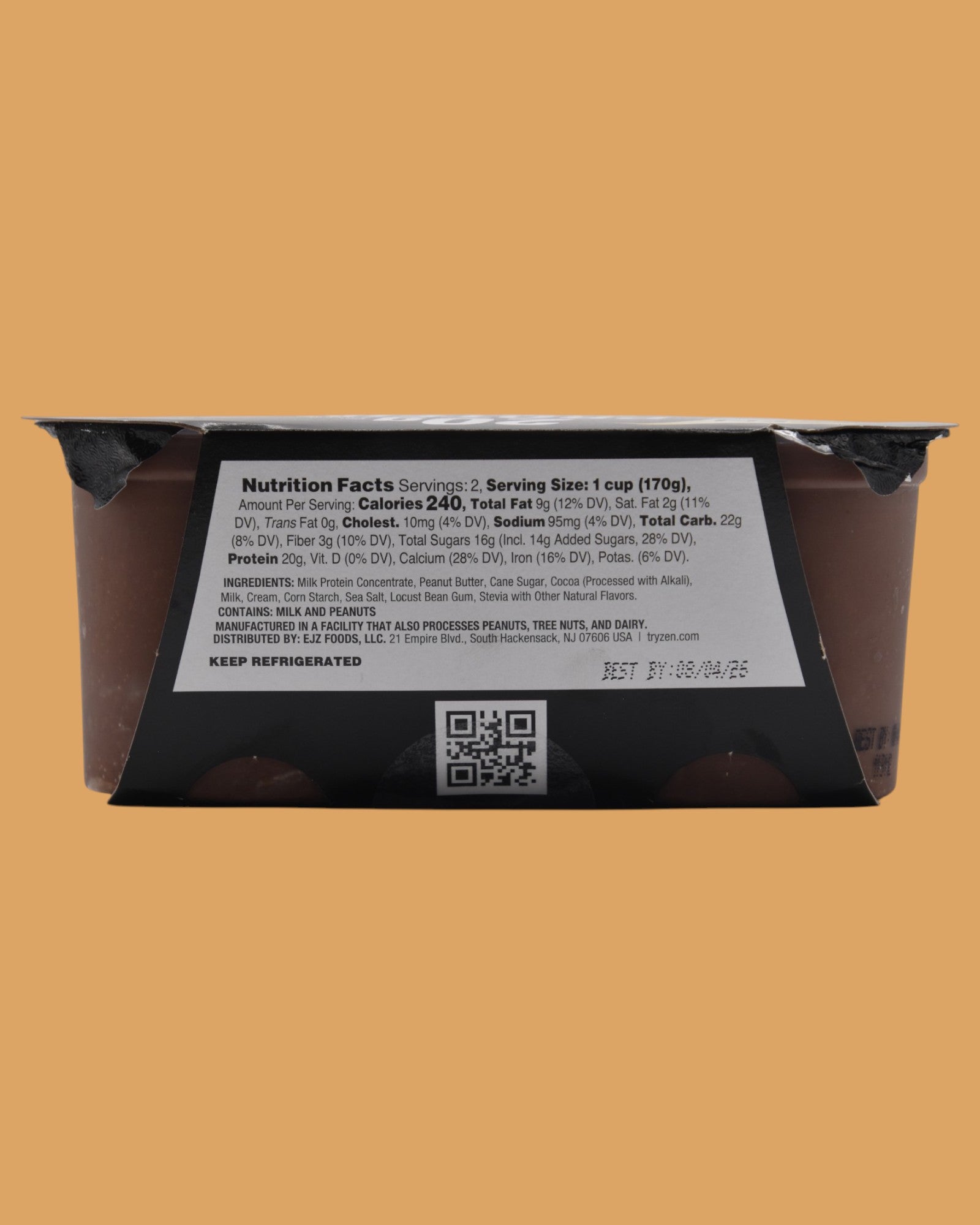 Back label of Zen Chocolate Peanut Butter Protein Pudding showing nutrition facts