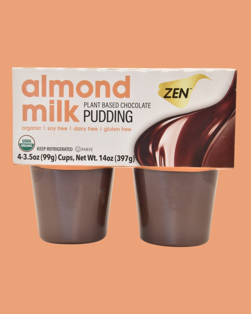 Zen plant-based chocolate almond milk pudding cups, dairy-free, gluten-free, soy-free, organic treat.