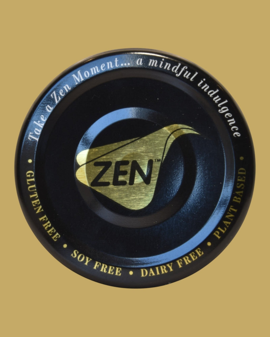 Zen Chocolate Coconut Pudding lid with text Take a Zen Moment... a mindful indulgence. Gluten Free, Soy Free, Dairy Free, Plant Based.