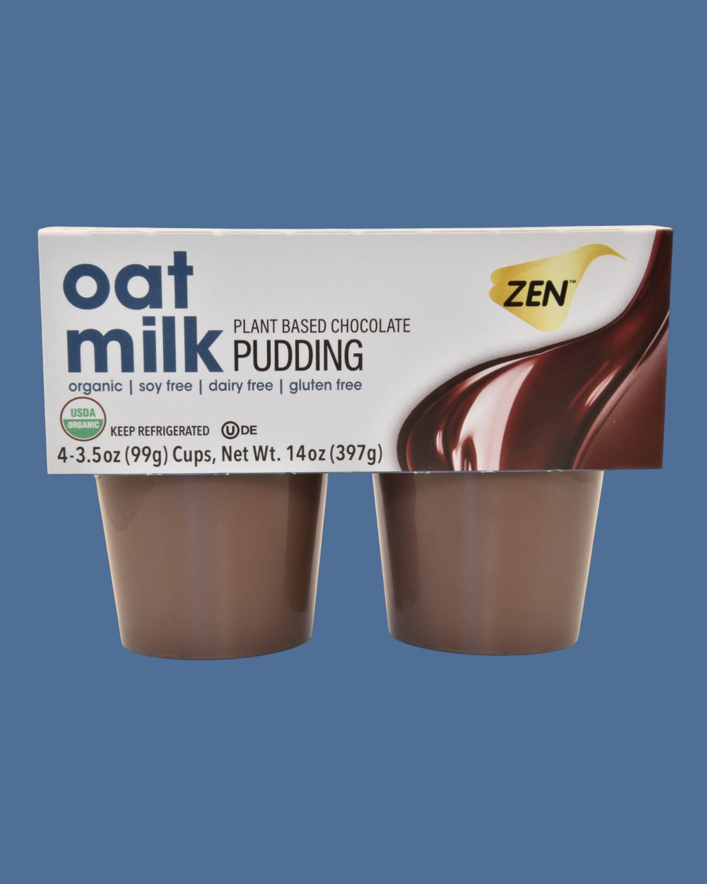 Zen plant-based chocolate oat milk pudding, 4-pack, dairy-free, gluten-free, soy-free, USDA organic.