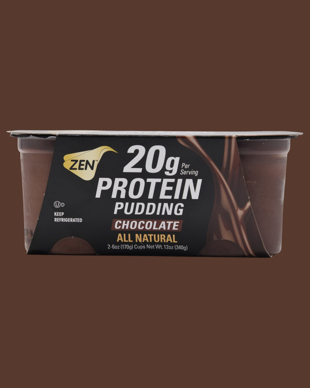 Zen Chocolate Protein Pudding with 20g protein, healthy high-protein dessert cup background