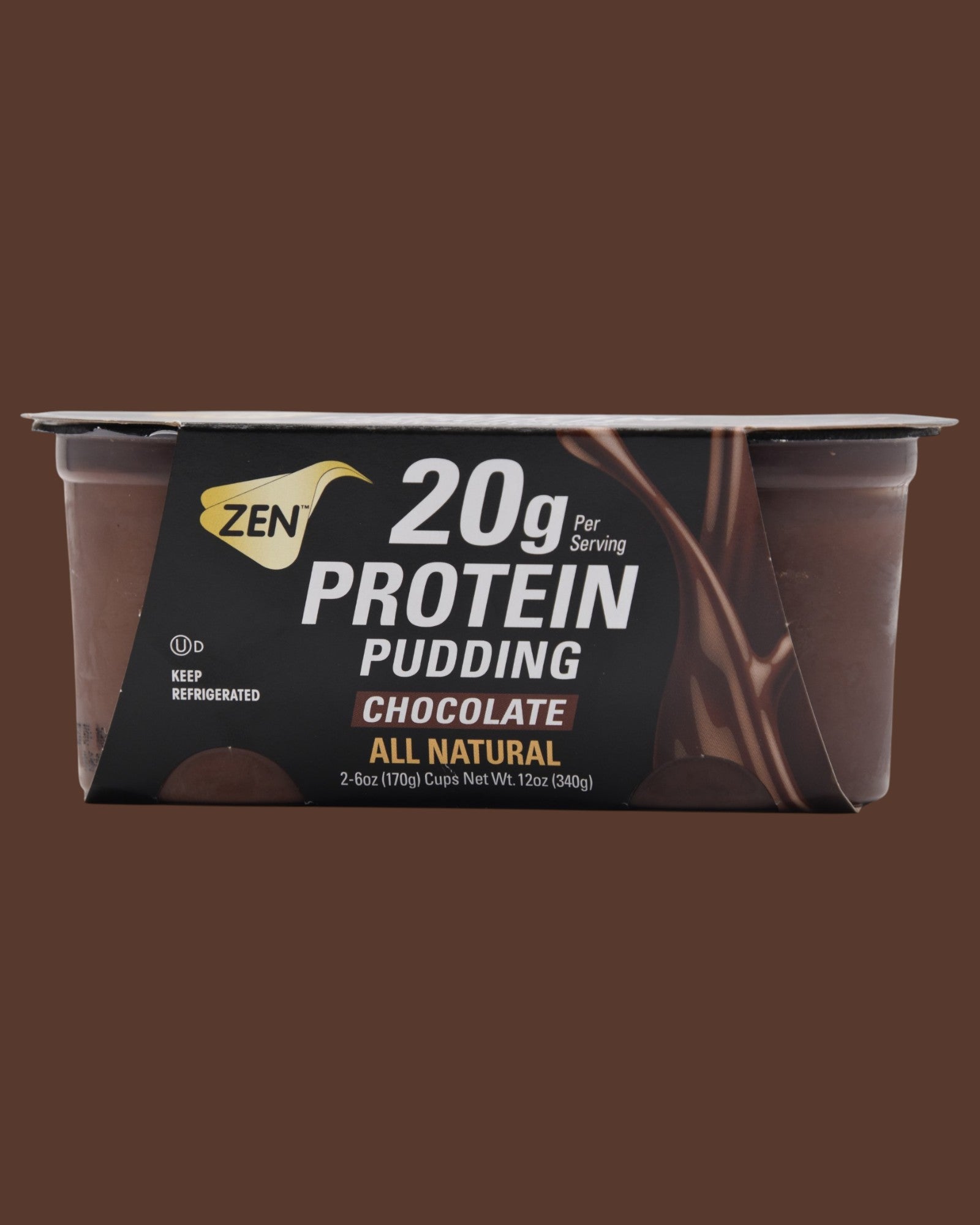 Zen Chocolate Protein Pudding with 20g protein, healthy high-protein dessert cup background