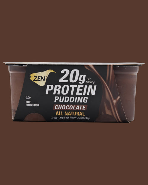 Zen Chocolate Protein Pudding with 20g protein, healthy high-protein dessert cup background