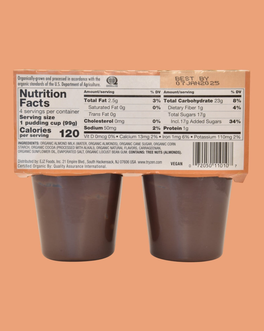 Zen organic almond milk pudding cups, dairy-free, gluten-free, soy-free, vegan. Chocolate flavor.