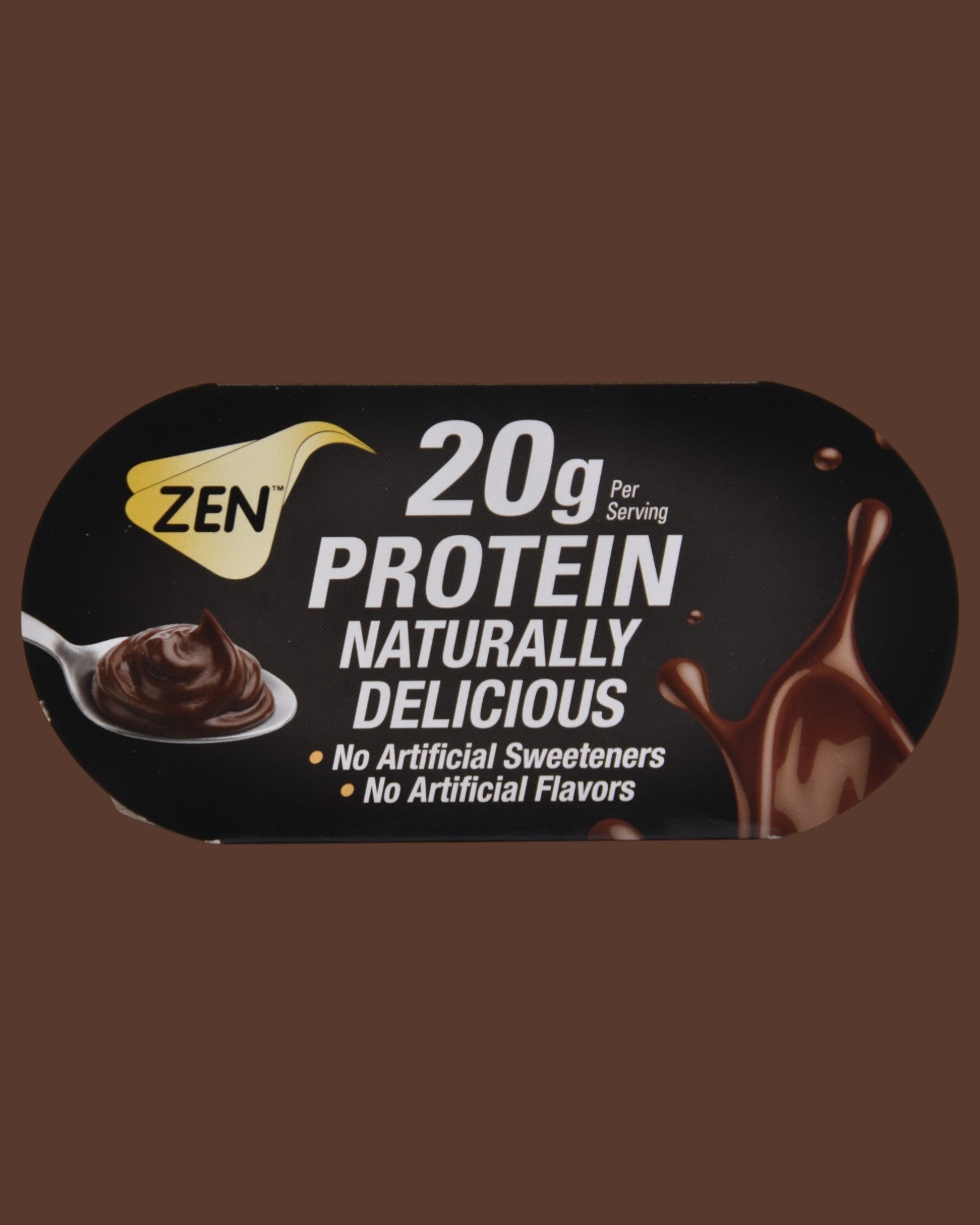 Zen Protein Pudding lid featuring 20g protein and all-natural ingredients