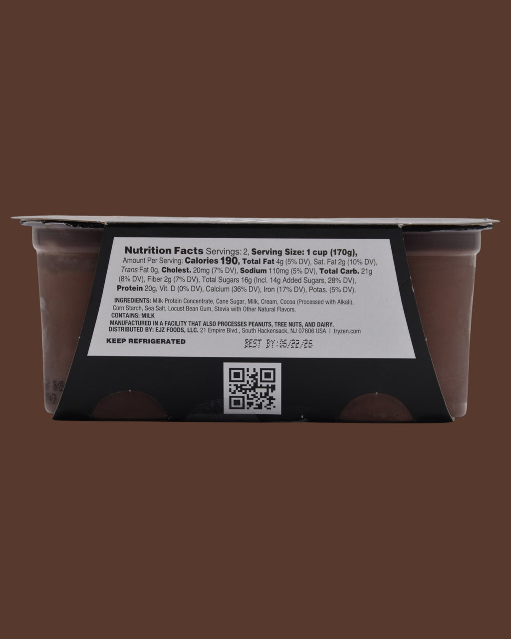 Nutrition facts panel on Zen Chocolate Protein Pudding container