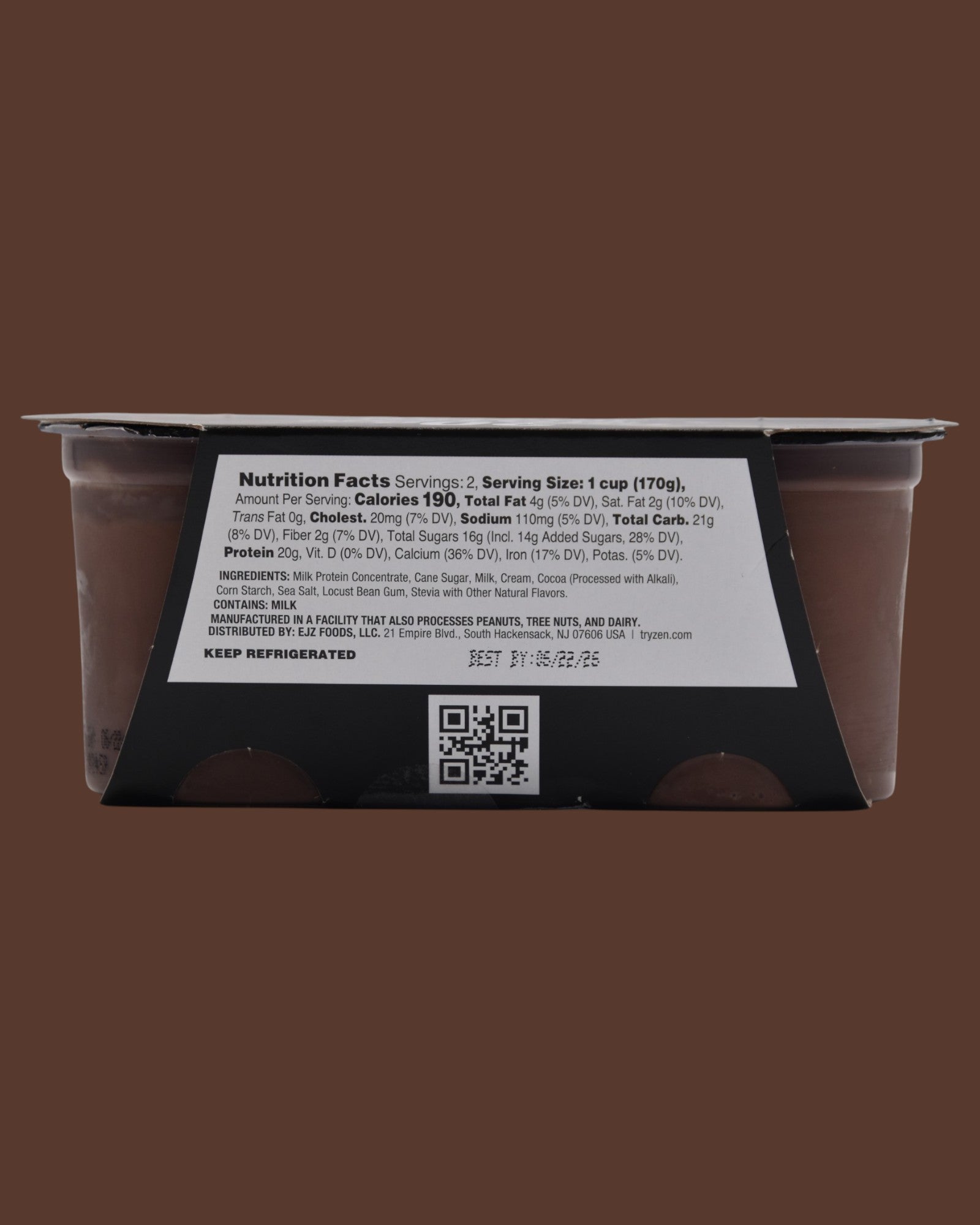 Nutrition facts panel on Zen Chocolate Protein Pudding container