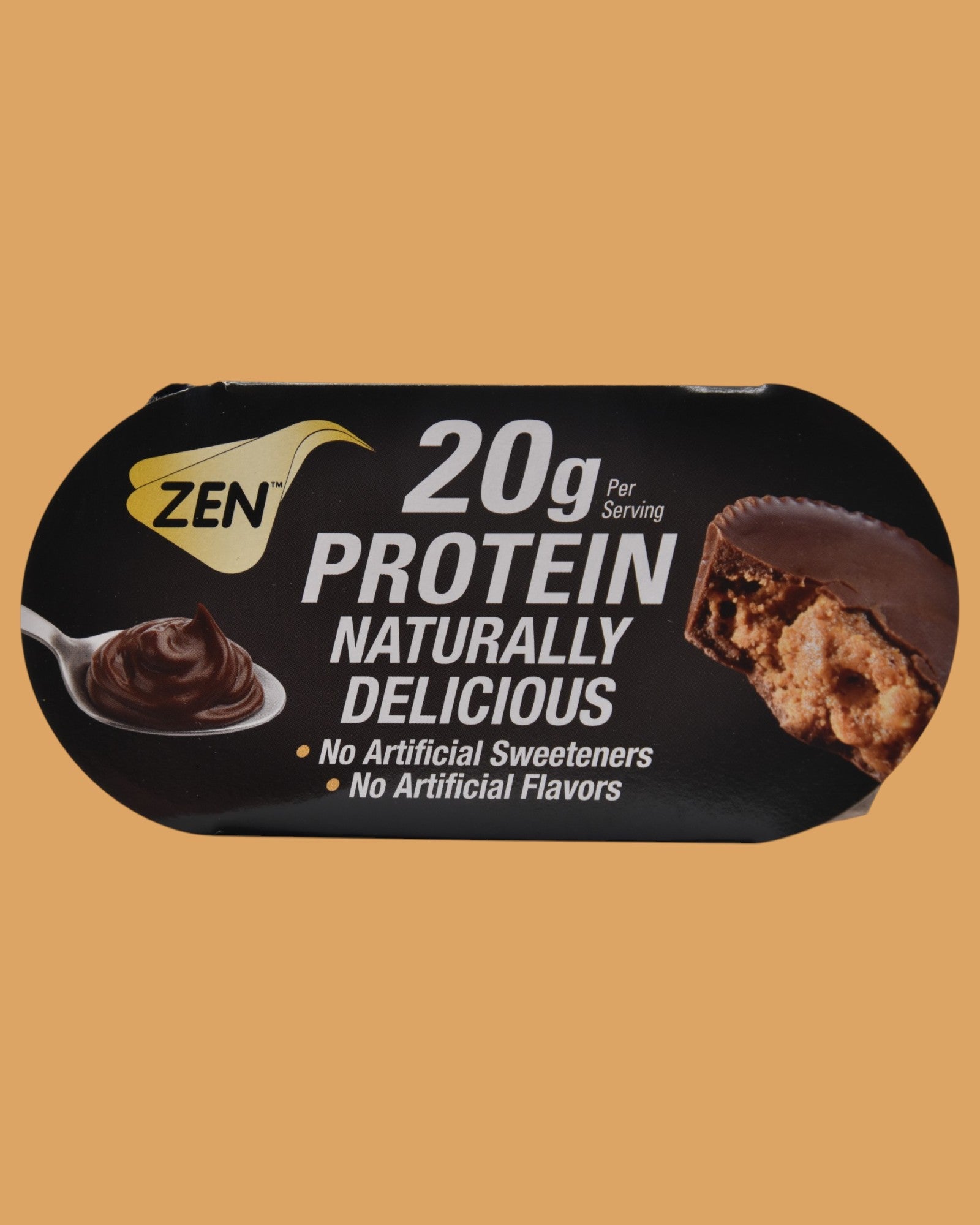 Top packaging view of Zen Protein Pudding chocolate peanut butter flavor