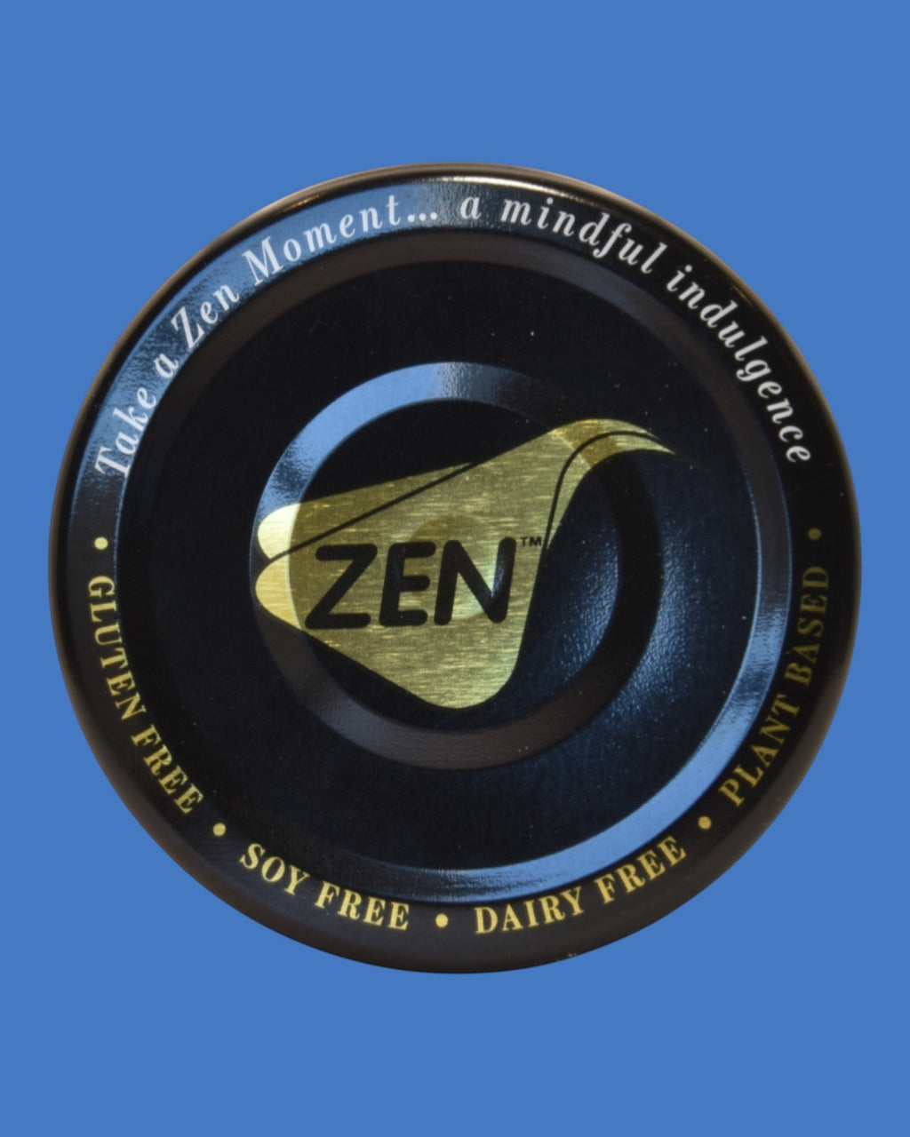 Zen Rice Pudding lid with text "Take a Zen Moment... a mindful indulgence". Gluten free, soy free, dairy free, plant based.